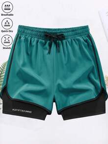 1PC-Men's Shorts With Built-In Liner, Quick-Dry Performance Gym Running Bottoms - Dark Green - View 2