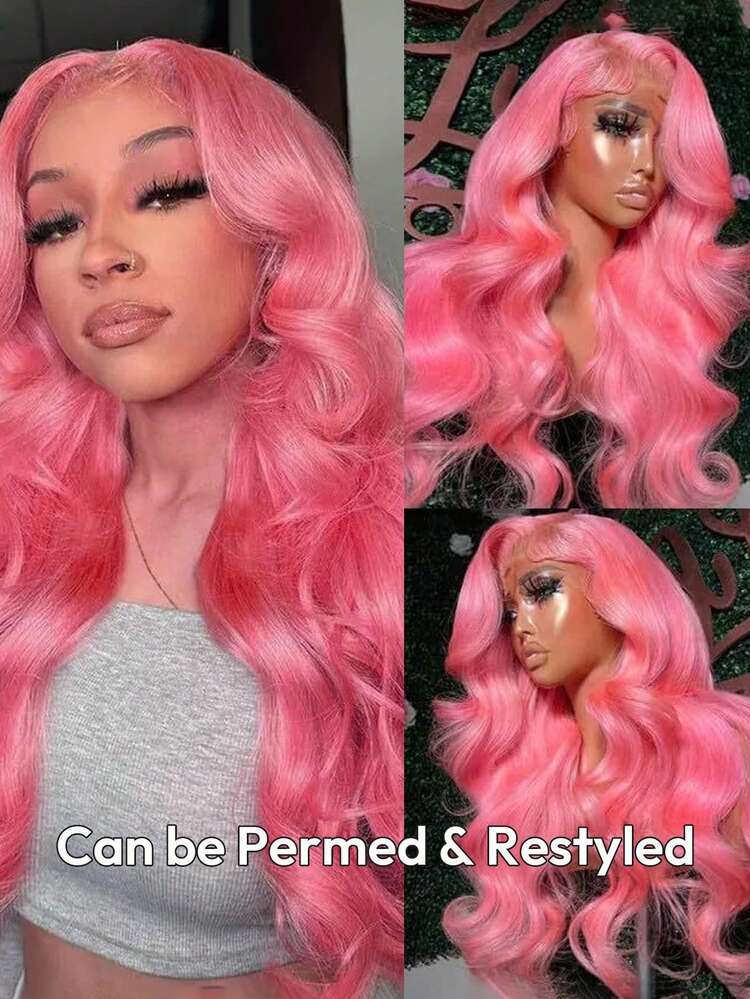 粉色蕾丝前额真人发假发，直发，13x6蕾丝前额假发，粉色真人发，预先拔毛，带婴儿发，180密度，Remy直发，适合女性日常佩戴、派对、音乐节、情人节礼物、角色扮演等场合。 - SPink - 查看 5