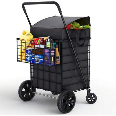 Shopping Cart & Large 360° Swivel Wheels | Foldable Collapsible & Lightweight | Perfect For Groceries Laundry Utility Cart - Black