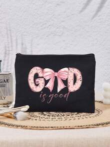 1pc Personalized "GOOD" Gold Foil Print Canvas Cosmetic Bag, Featuring "GOOD" Print Design To Encourage Yourself And Friends, Simple And Fashionable Design, Zipper Closure, Foldable, Lightweight And Durable, Fade-Resistant, Machine Washable, Ideal As Bridesmaid, Teacher And Best Friend Gift, Also A Must-Have Travel Organizer For Back To School And Summer Beach Trips. - Multicolor - View 11