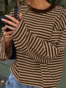 Women's Casual Top, Striped Contrast Ribbed Fabric, Everyday Wear, Spring/Autumn Vacation - Mocha Brown - View 5