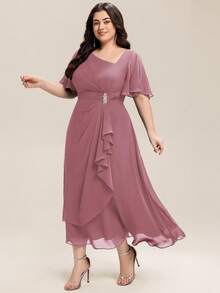 EVERPRETTY Elegantes Chiffon-Brautjungfernkleid in Rosa mit Diamantperlen-Verzierungen für Hochzeitsgäste, weiches, unregelmäßig gerüschtes Kleid, geeignet für Hochzeiten, formelle Abendessen und Anlässe in Große Größen - Altrosa - Übersicht 4
