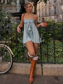 Vestidos Elegantes De Mujer Club Outfits For Women Dresses For Women Winter Dresses For Women Dresses For Women Party Dresses For Women Elegant Fashionable And Hot Girl Street Style Satin Strapless Solid Color Sleeveless Dress - 藍色 - 查看 3