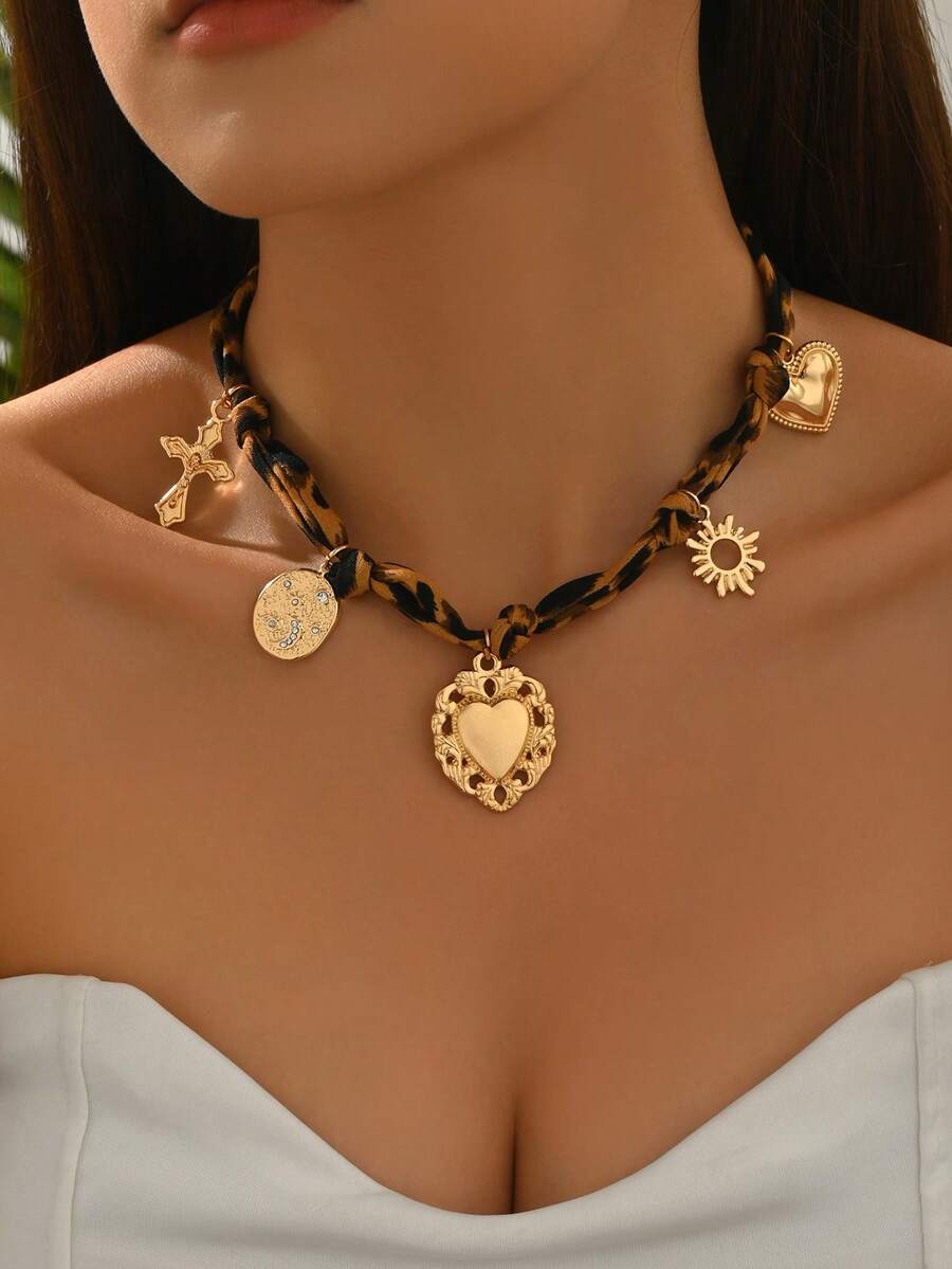1件复古豹纹绳项链，搭配心形、十字架、太阳吊坠等时尚元素，适合日常佩戴、音乐节、派对和拍照等场合。 - 彩色 - 查看 1