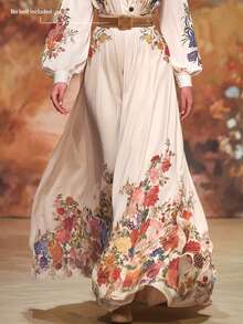 (Không kèm thắt lưng) Đầm in họa tiết tranh sơn dầu cổ điển, tay áo phồng màu trơn + cổ đứng nhỏ, đầm dài thanh lịch, ôm dáng, phong cách retro lãng mạn, thích hợp cho tiệc chiêu đãi, liên hoan, hẹn hò. - Màu be - Xem 3