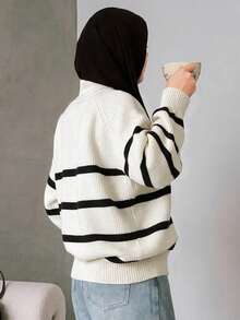 Livesso 休闲宽松长袖条纹拉链领针织毛衣女款，长袖上衣，秋季女装 - 白色 - 查看 6