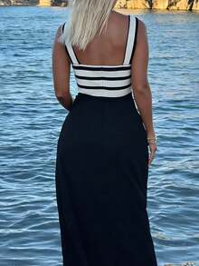 夏季条纹A字吊带连衣裙，优雅黑白沙滩度假连衣裙，适合海滩、情人节、户外活动穿着 - 黑與白 - 查看 4