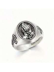 Vintage Style Carved Prayer Text Ring, Men's Platinum Plated Punk Biker Ring - Silver - View 1