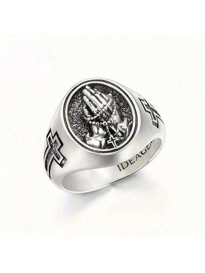 Anillo de estilo vintage con texto de oración tallado, anillo de motorista plateado en platino para hombres
