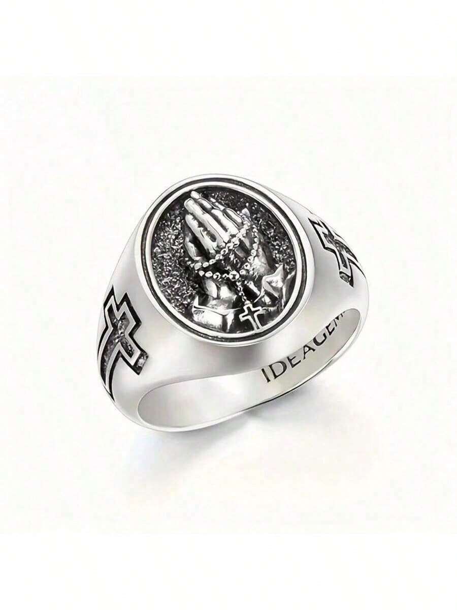 Vintage Style Carved Prayer Text Ring, Men's Platinum Plated Punk Biker Ring - Silver - View 1