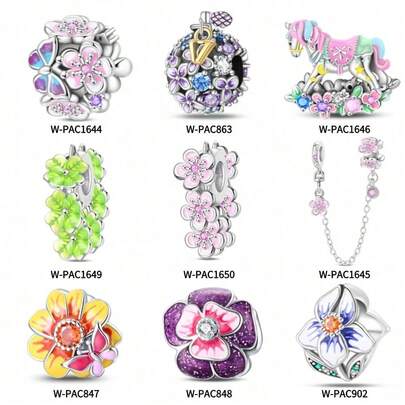 1 件镀银蝴蝶爱心花珠浪漫花卉香水瓶木马摇椅珠 - 垂直骏马奔向自由幸运草盛开花朵固定扣盛开花朵安全链蝴蝶爱心花浪漫鸢尾花珠适用于原创蛇形手链项链手链珠DIY珠宝制作奢华女友礼物