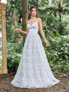 Faeriesty 优雅系带荷叶边腰部镂空开衩连衣裙，正式吊带礼服 - 白色 - 查看 5