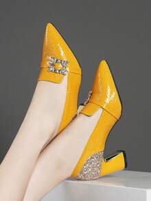 女士粗跟尖头水钻亮片拼接时尚高跟鞋 - 橘色 - 查看 4