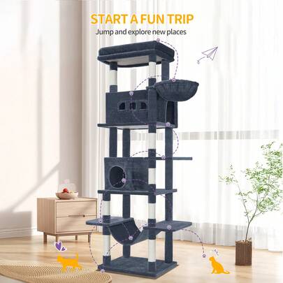 HEXCELEN Grand arbre à chat Hzuaneri 210 cm, tour à chat pour chats d'intérieur, avec grand perchoir, tapis lavables, 2 niches pour chats, 8 poignées, hamac, pompons