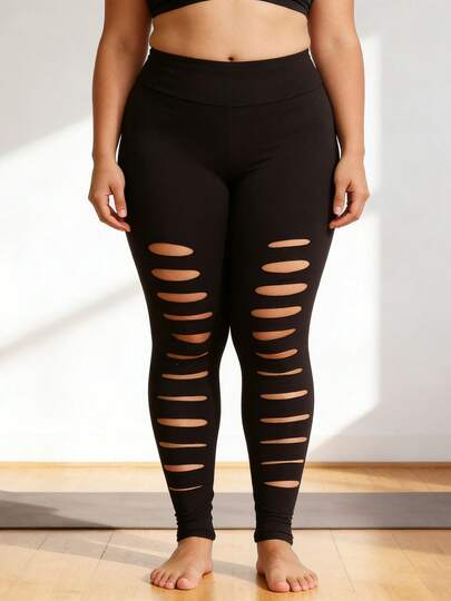 1件装加大码女式纯色弹力腰带修身破洞打底裤，弹性面料舒适亲肤，适合健身、瑜伽、锻炼，多功能七分裤长，春夏款