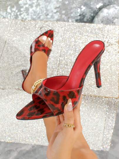 Women's Fashion Leopard Print Peep Toe High Heel Sandals, Sexy Romantic Elegant Elegant Versatile Stiletto Slide Sandals