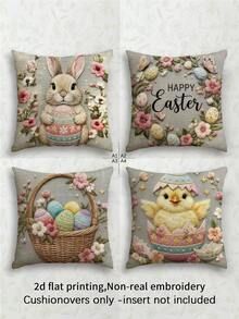 4件套复活节主题抱枕套，复活节彩蛋和兔子印花图案，复古亚麻材质，隐形拉链，可机洗，家居装饰抱枕套，适用于沙发、客厅、卧室，不含枕芯 - 彩色 - 查看 10