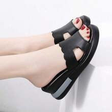 女士厚底拖鞋，休闲厚底凉拖，舒适人字拖 - 黑 - 查看 4