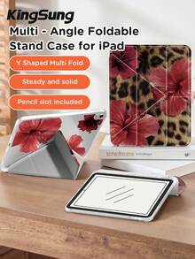 Kingsung Flowers & Leopard Print Pattern Y-Shaped Folding Dual-Sided Sprayed Acrylic Transparent Crystal Tablet Case Compatible With Samsung Tablets/IPad Mini6/7/9.7/10.2/10.5/10.9/12.9/Pro 11, 10th Generation, Protective Cover Supports Multi-Angle Adjustment, Six Ways To Place The Bracket, Built-In Pen Slot,Transparent Back Cover, Anti-Drop Protection, Automatic Wake/Sleep - Multicolor - View 4