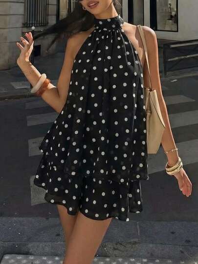 Vintage Polka Dot Backless Slip Dress, Casual Summer Fashion For Women Loose Sleeveless Chiffon Mini Skirt, Vacation Style, Summer Sweet Polka Dot A-Line Dress, Slim Fit, Refreshing Look Elegant Party Dress Women's Summer Dress Sweet Polka Dot Dress Wedding Black