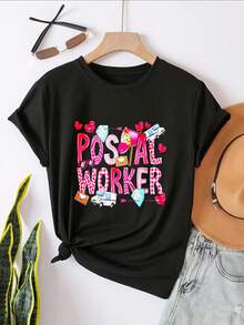 Postal Worker With Hearts And Mail Graphic T-Shirt For Women, Oversized Crewneck Tees Casual Wear, Spring Cotton Tops Short Sleeve, Summer Basic Tees, Funny Clothes For Women - 黑色 - 查看 2