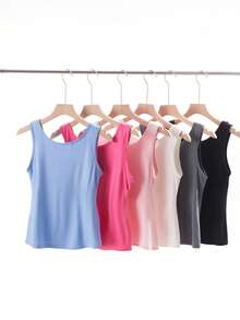 6PCS Multi-Color Modal Women Wide-Strap Casual Vests, Slim Fit With Fixed Built-In Cups, Wireless Bra Tank Tops For Home And Outdoor Use - Multicolor - View 10