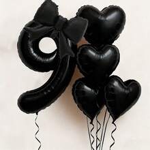 6 pièces Ensemble de ballons noirs en forme de numéros et de cœurs, comprenant des ballons de 0 à 9 avec décoration de nœud et ballons en forme de cœur assortis - Convient pour la décoration de fête d'anniversaire, mariage, anniversaire, Saint-Valentin - Fournitures de fête noires convenant pour un baptême, une fête d'anniversaire 1er/2e/3e/4e/5e/6e, ballons numérotés - Noir - Voir 11
