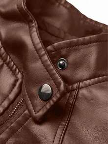 女士皮夹克，长袖修身立领皮衣，秋季款 - 咖啡棕 - 查看 3