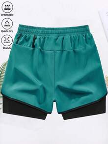 1PC-Men's Shorts With Built-In Liner, Quick-Dry Performance Gym Running Bottoms - Dark Green - View 4