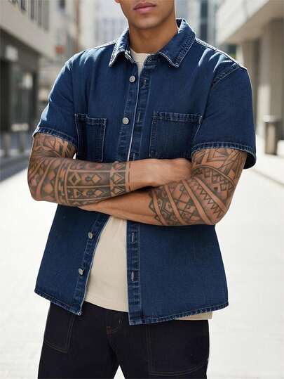 Y2K Men's Summer Casual Fashionable College Street Commute Pocket Denim Short Sleeve Shirt (T-Shirt Not Included)