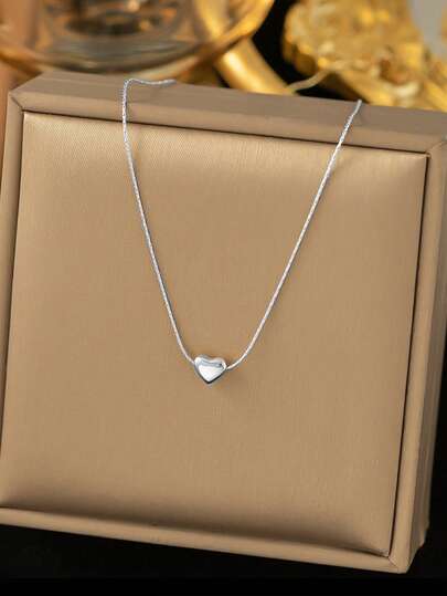 1pc Minimalist Stainless Steel Pierced Petite Heart Shaped Necklace, Versatile Daily Wear For Women