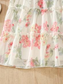 Tween Girls' Elegant Flutter Sleeve Chiffon Floral Print Patchwork Ruffle Collar Dress, Summer Stylish Little Girl Princess Dress, Casual Party Holiday Suitable For 8-12 Years Old - Nhiều màu - Xem 5