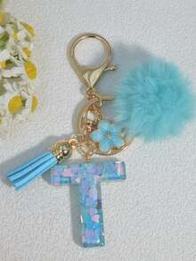 1pc Blue Heart Letter Keychain With Butterfly & Flower Decor, Women Bag Charm, Gift Keyring With Pom Pom Gifts For Mother, Father, Graduation, And Teacher - Baby Blue - View 11