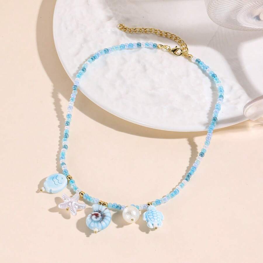 1 PC Lady Bohemian Color Ribbon Woven Pendant Necklace Shell Starfish Ceramic Fish Pendant Necklace - Màu xanh nhạt - Xem 1