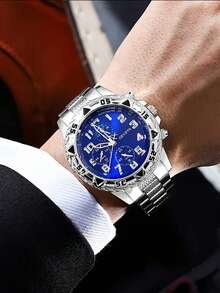 2pcs Luxury Men's Business Watch Set, Black Dial Multi-Function Stainless Steel Quartz Watch With Embossed Black Leather Wallet. The Watch Features An Exquisitely Designed Dial And A High-Quality Steel Strap, While The Wallet Showcases Refined Embossed Craftsmanship. The Overall Style Is Calm And Elegant, Suitable For Wearing With Suits, Daily Commuting, Business Meetings, And Various Other Occasions - Silver - View 6