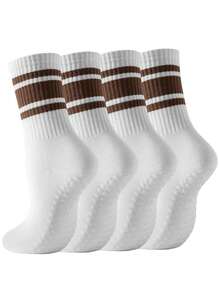 4 Pairs Women's Lightweight Breathable Striped Yoga Socks, Non-Slip Versatile Mid-Calf Socks, Spring/Summer - White - View 7
