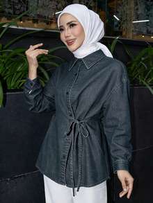 DAZY 女式前扣前系带长袖牛仔上衣 - 深色水洗藍 - 查看 3