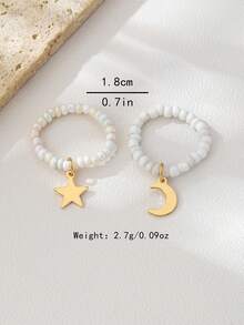 2pcs/Set Minimalist Glass Bead Star & Moon Rings, Personalized Rings Suitable For Daily, Party, Festival, Ramadan, Eid Al-Adha In Middle East - Gold - View 2