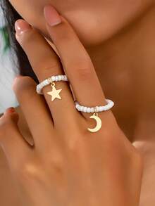 2pcs/Set Minimalist Glass Bead Star & Moon Rings, Personalized Rings Suitable For Daily, Party, Festival, Ramadan, Eid Al-Adha In Middle East - Gold - View 3