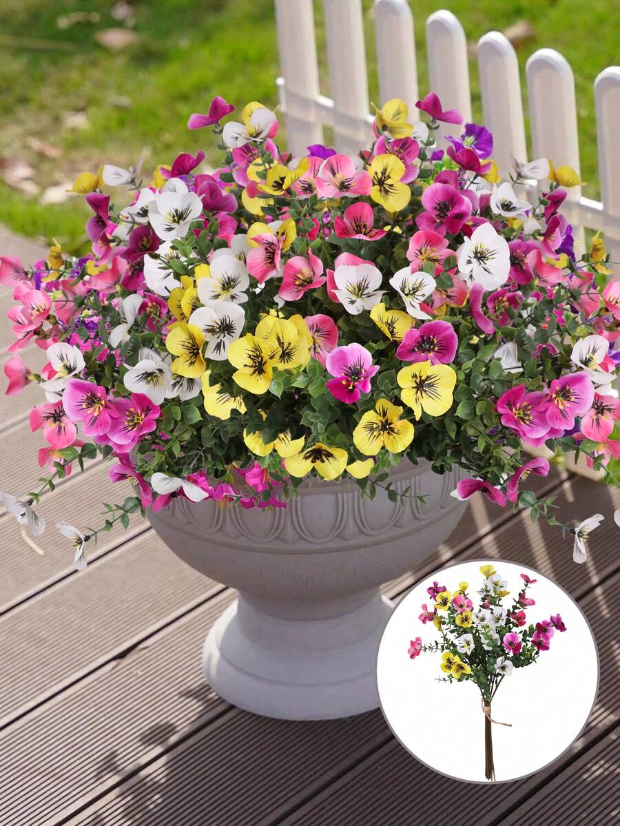 8 Stück/Set künstliche gemischte Farben Stiefmütterchen, Prunkwinde und Mini-Blumenstrauß in Gelb, Lila, Weiß und Rosa. Material: PE. Realistische künstliche Blumen. Lebensechte Pflanzen. - Verschiedenfarbig - Übersicht 1