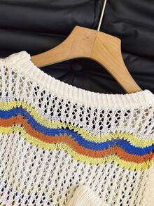 2件套女士镂空条纹背心，系带露脐性感休闲针织套装，沙滩度假风，春夏款 - 奶油色 - 查看 7