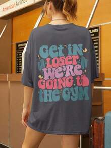 Shirt Women's "Loser, We're  To The Gym" Slogan Printed T-Shirt, Loose Casual White Round Neck Short Sleeve Top, Soft And Comfortable, Very Suitable For Daily Casual Wear |   Gym Enthusiasts |   Fitness WearLoose And Comfortable2026 Halftime Show Shirt - 深灰色 - 查看 2
