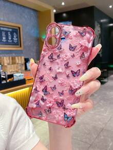 1pc Floral Butterfly Anti-Fall Electroplated Camera Protective Phone Case, UV Printed Compatible With IPhone/ Galaxy/Infinix/Compatible With Redmi/OPPO/VIVO/Realme - Pink - View 7