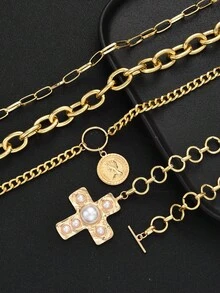 4pcs Vintage Coin Portrait, Cross, Faux Pearl Pendant Necklace Set, Layered Necklaces For Women, Suitable For Dates, Parties, Balls, Birthdays, Holidays, Everyday Wear - Yellow Gold - View 6