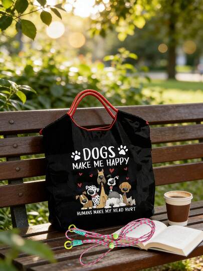 1/2pcs Lightweight, Large Capacity Dog Print Tote Bag And Makeup Bag,Cute Puppy Themed Red Hand-Held Black Tote Bag With Puppy Patterns And The Phrase "Dogs Make Me Happy",Foldable Nylon Shopping Bag,Cute Cartoon Dog Design,A Durable Handbag Perfect For Pet Lovers,For Camping, Travel & Everyday Use,For Game Days, Casual Daily Use, Travel, Leisure Outings, And Pet Lovers. An Ideal Gift For,For Men And Women.