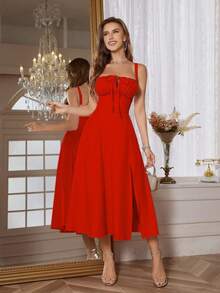Women's Solid Color Spaghetti Strap Bodycon Maxi Dress With High Thigh Split & Adjustable Back Tie, Perfect For Summer Vacation, Beach, Cocktail Parties, Garden Leisure & Travel - Bright Red - View 2