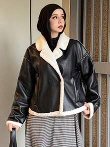 DAZY Women's Contrast Color Faux Shearling Jacket, Autumn/Winter Leather Jacket Women Coats - Black - View 3