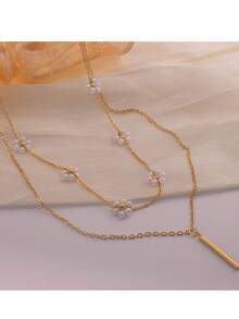 优雅珍珠花朵叠戴项链，18K镀金不锈钢链搭配圆柱形吊坠，适合日常佩戴 - 金黃色 - 查看 5