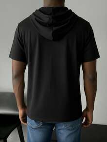 GRDR Tricou sport casual pentru bărbați, cu glugă, mânecă scurtă, culoare solidă minimalistă la modă, mânecă scurtă, potrivit pentru alergare și purtare zilnică - Negru - Vizualizare 3