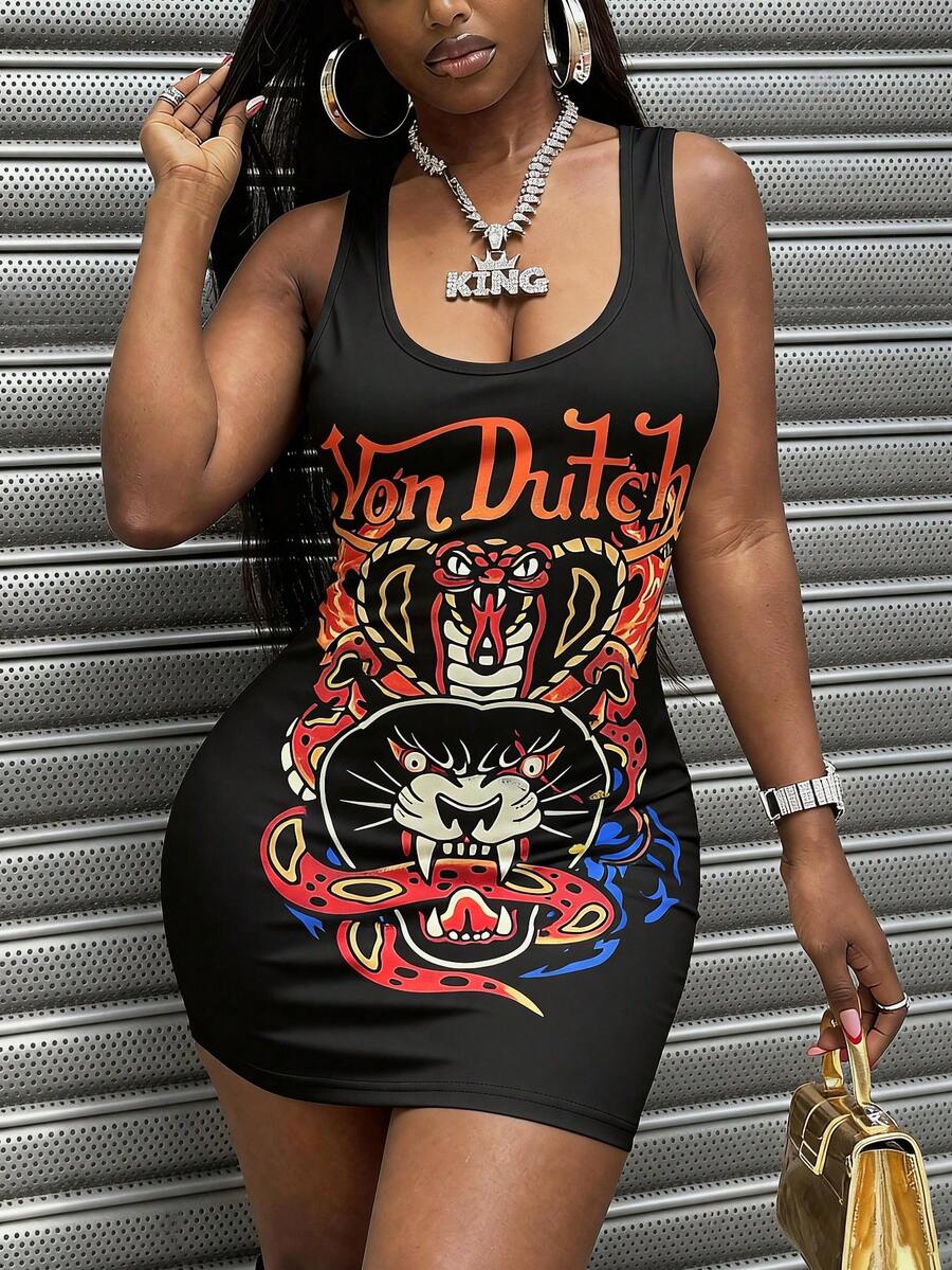 Women's Y2K Sexy Cartoon Print Sleeveless Camisole Dress, American Retro Tank Dress Suitable For Summer Outings - Red - View 1